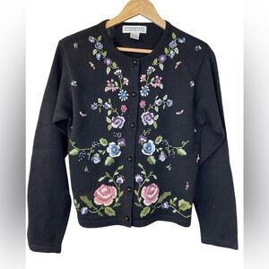 Vintage Dressbarn Black Floral Embroidered Beaded Cardigan Size 8